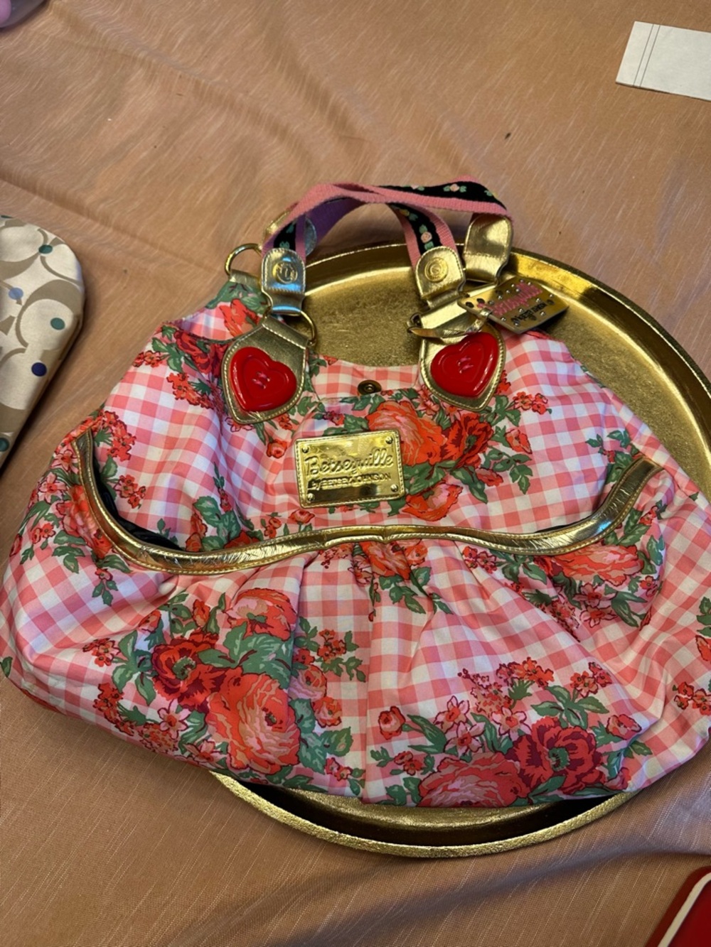 Betsey Johnson Betseyville Vintage Pink Floral Gingham Heart Rose Tote New